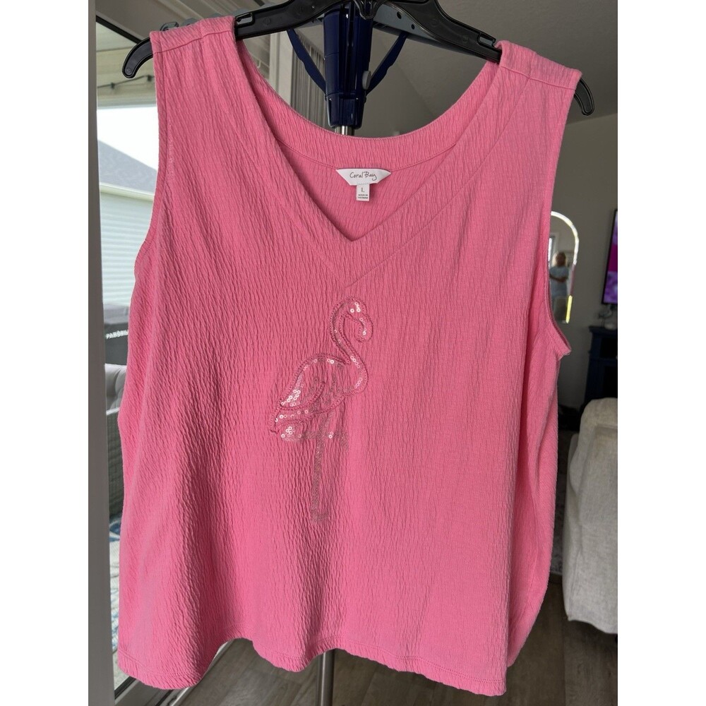 Coral Bay Pink Sleeveless Textured Blouse Women’s L Casual Top Sequin Flamingo